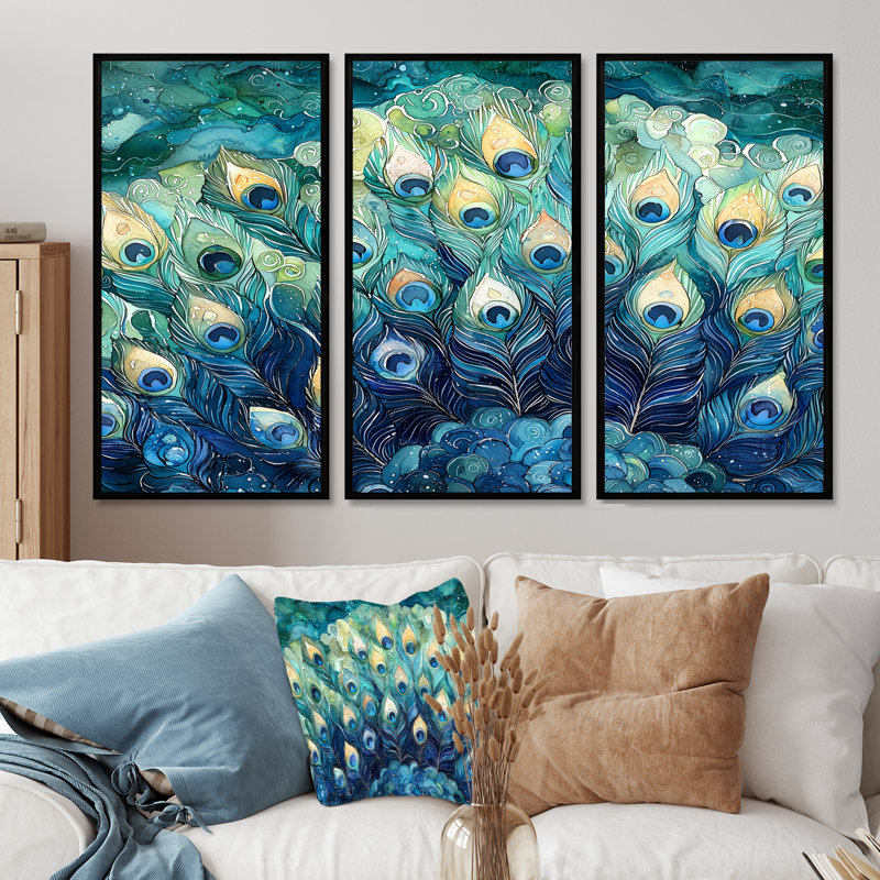 «Blue and Green Peacock Feather Collage III», art mural oiseau - ensemble de 3, H 40 po x l 60 po, Noir
