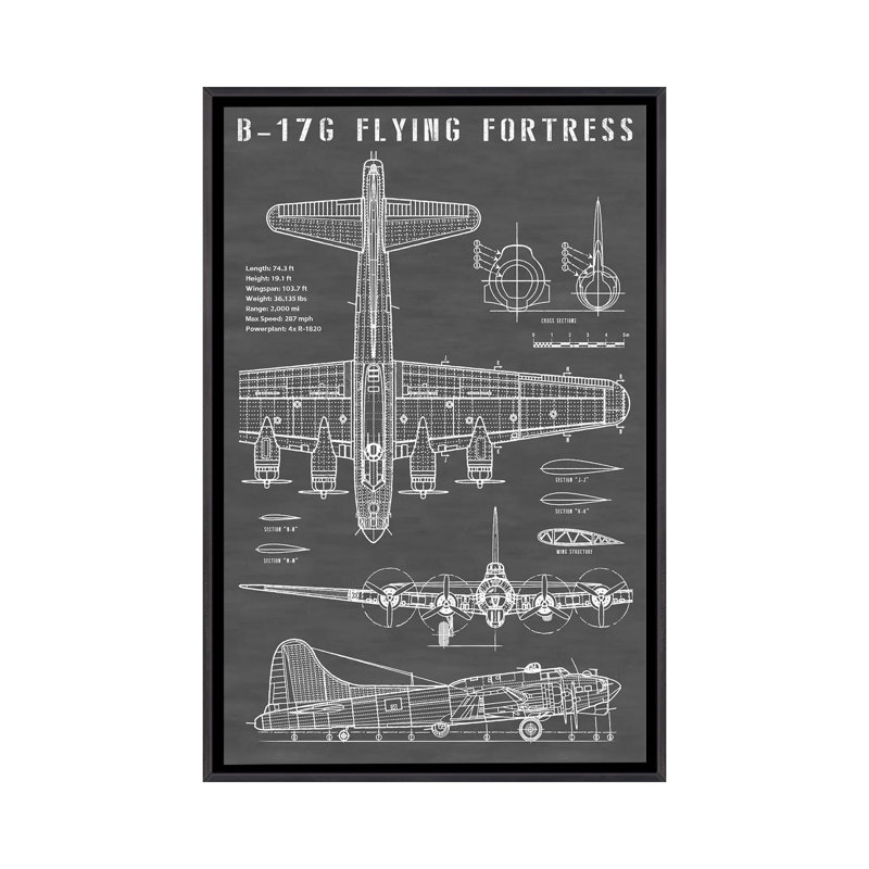 Avion Bombardier rétro B-17 | Noir-imprimé de dessin, Pas de tapis, Toile avec cadre noir patiné, H 26 po x l 18 po x 1,5 po