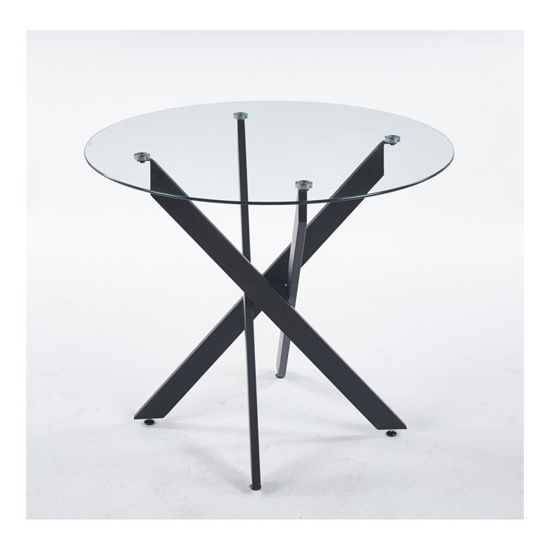 Round Dining Table with cross metal leg and tempered glass, 29.13''H x 35.43''L x 35.43''W, Transparent, Black