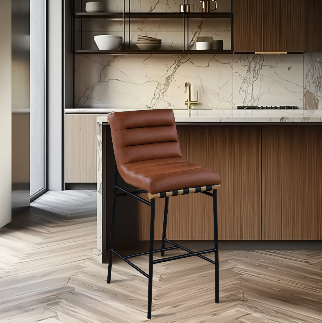 Vincentas Bar and Counter Stool, Cognac Faux Leather, Bar Stool (29.9" Seat Height)