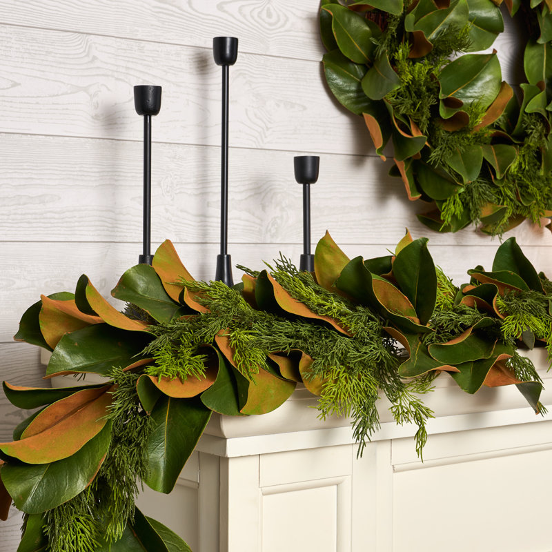 Real Touch Magnolia Leaf & Faux Cedar Winter Greenery Garland Table Runner, 10' L