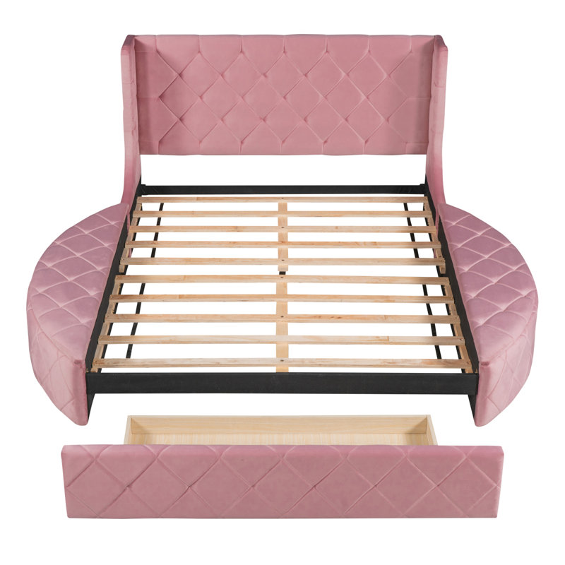 Lit plateforme tapissier en velours avec tête de lit à oreilles, 1 grand tiroir et 2 tabourets de rangement latéraux (rose)