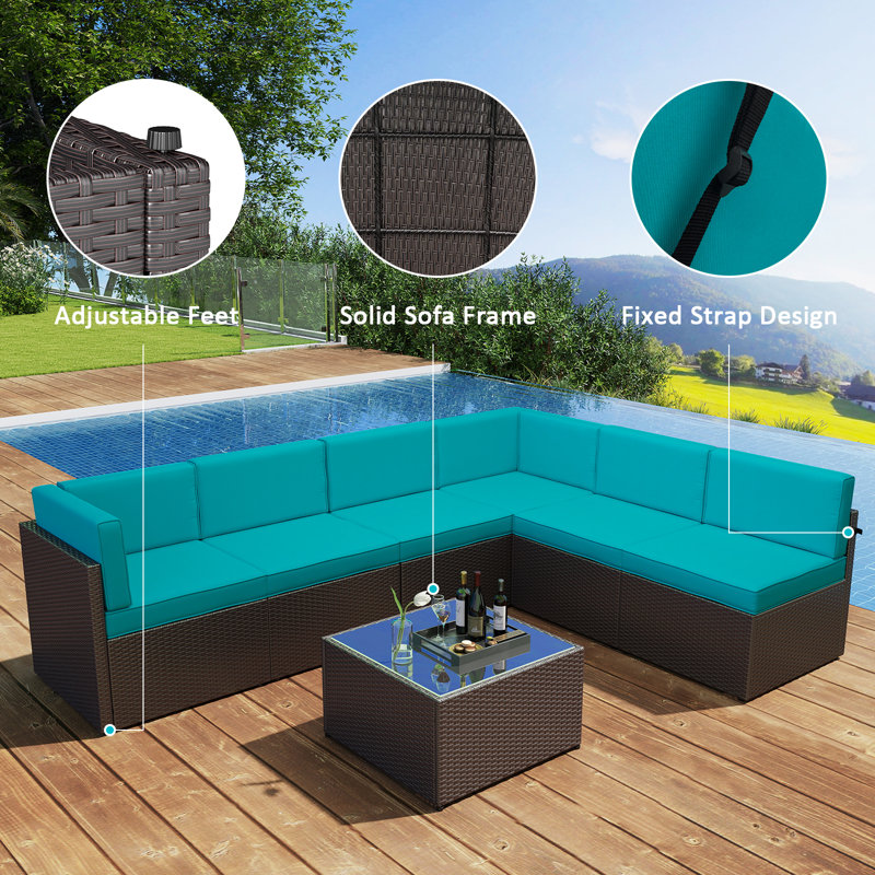 6 - Person Patio Conversation Set with Cushions, Turquoise