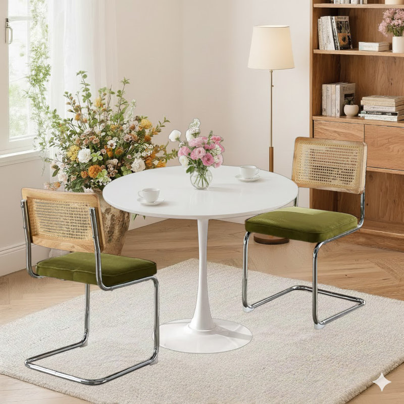 Ensemble de salle à manger rond 3 pièces à économie d'espace 24 po, table avec chaises en rotin, Vert olive, Blanc