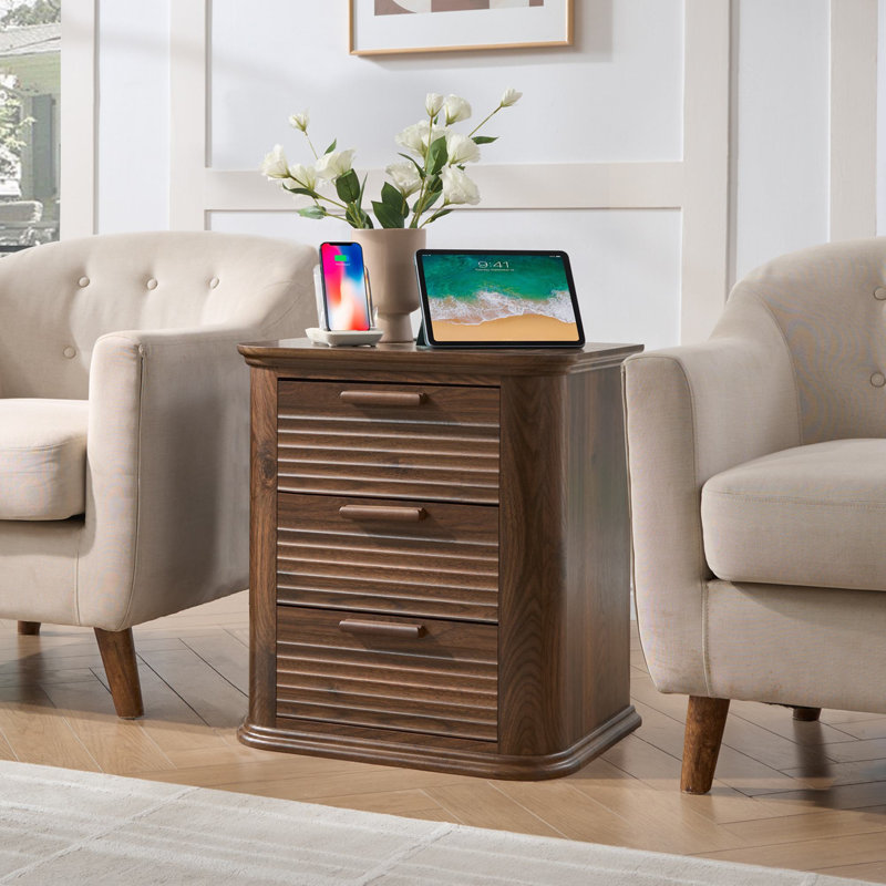 Allysyn 22" Wide Fluted 3 Drawer Nightstand, Walnut