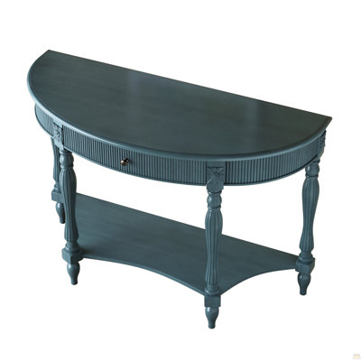 Solid Wood Half Moon Console Table with Drawer & Shelf, Fluted Vintage Curved Entryway Table for Hallway Living Room Foyer, Narrow Space Sofa Table wi