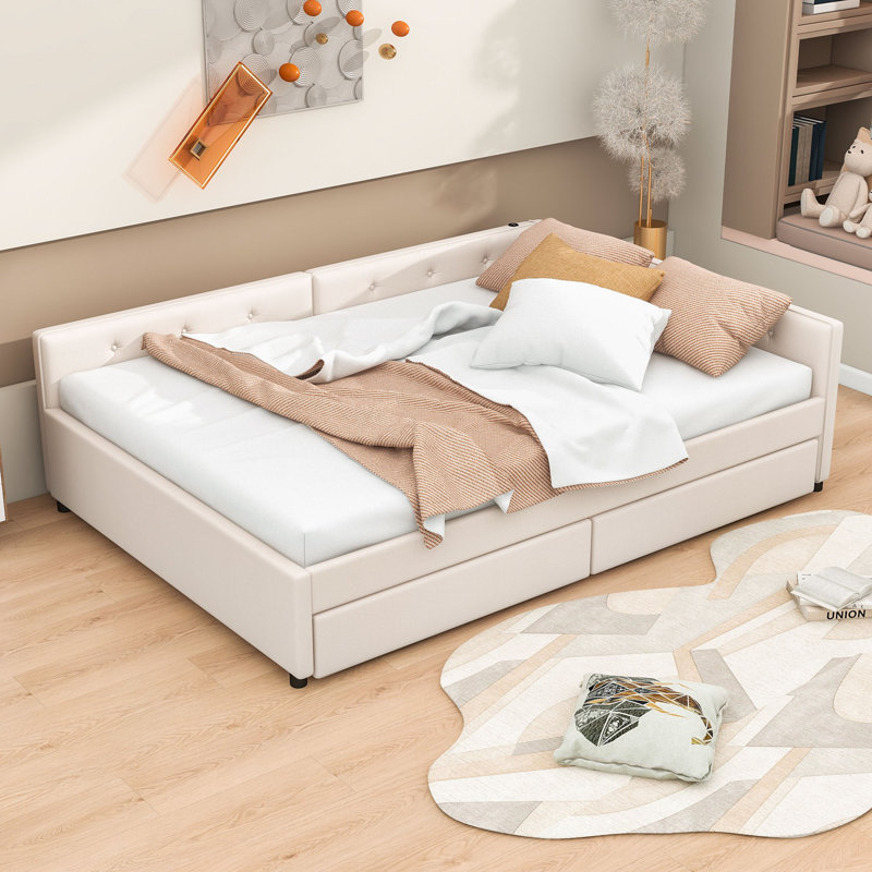 Upholstered Daybed with Built-in USB Ports and Two Storage Drawers, Full