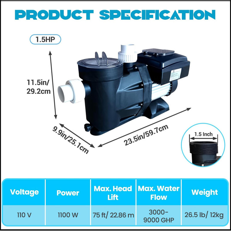 1.5hp Above/in Ground Pool Pump, 3000-9000 Gph Variable Speed, 110v Self Priming Pool Pump, 1100w Powerful Copper Motor Self Priming Pool Pump Silent Operation, With Control Screen