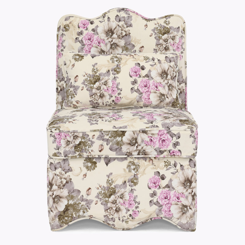 Armless Accent Chair With Floral Pattern Slipper Side Chair Upholstered Single Sofa Lounge Chair With Pillow, Pink Velvet