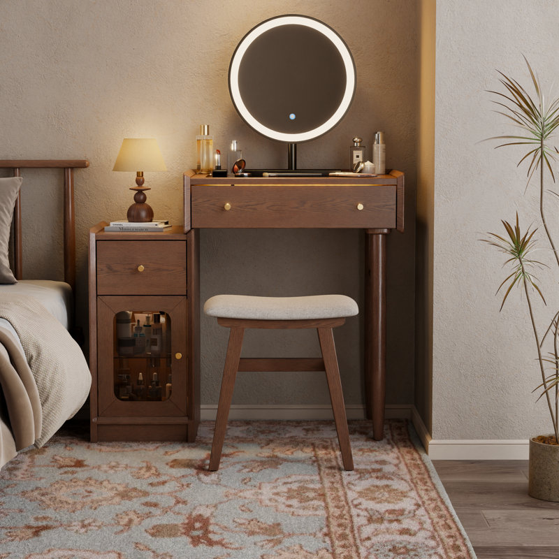 Solid Wood Vanity Set with Mirror & Stool, Makeup Table with Reversible Cabinet, LED Glass Top & Adjustable Storage