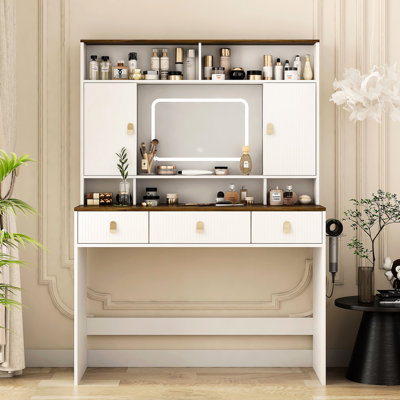 43" Wide White Vanity With Lighted Touch - Control Mirror, 3 Storage Drawers, And Hair Dryer Holder Engineered Wood Bedroom Piece Makeup Table, Wide, Visible Modern