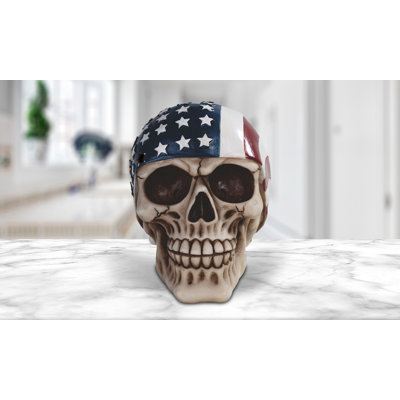 6"W Skull Head with US Flag Bandana Statue Fantasy Decoration Figurine