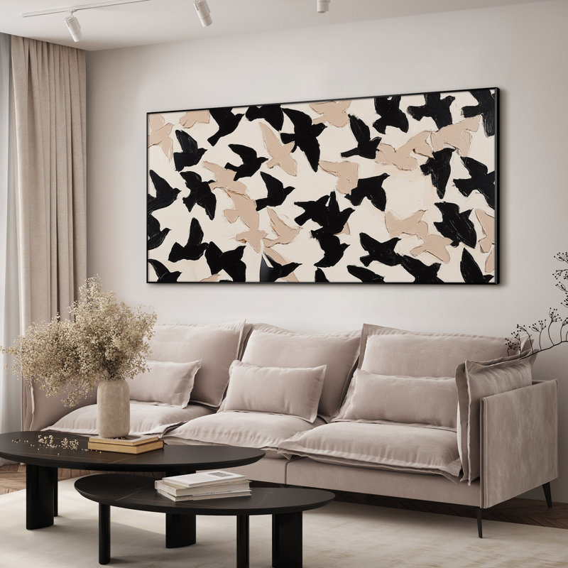 Très grande reproduction d'art sur toile - Motif d'oiseaux volants noir et beige pour le salon ou la chambre à coucher - «Assemblage requis du cadre (cadre non fini)»
