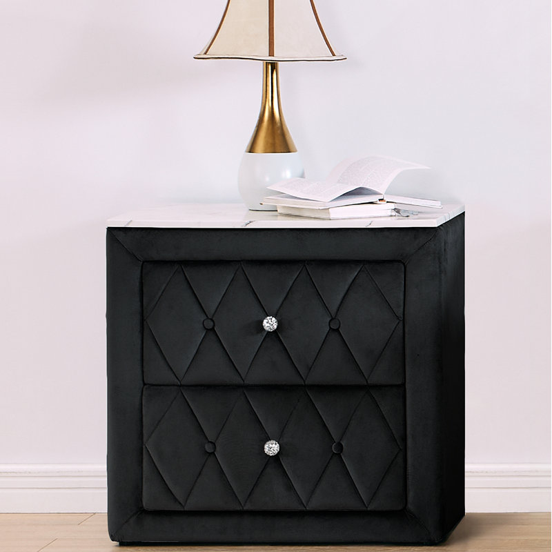 1pièce table de chevet en faux marbre à 2 tiroirs capitonnée avec boutons capitonnés, Noir