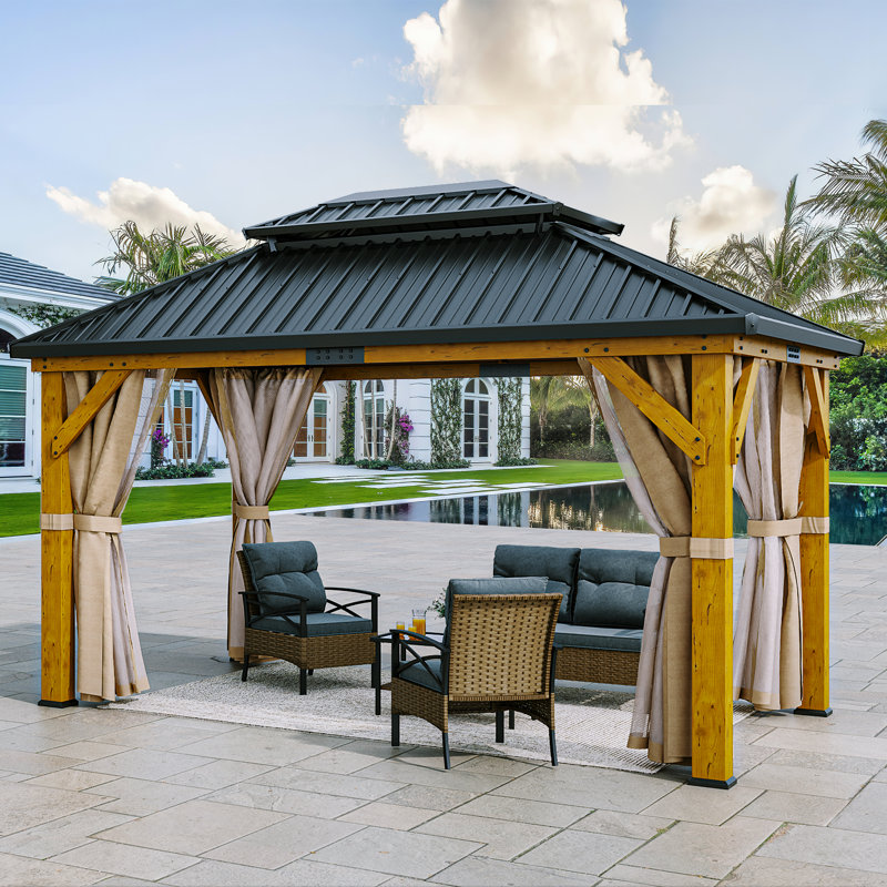 Solid Wood Patio Gazebo with Double Roof Hardtop and Curtains, 13ft W x 11ft D