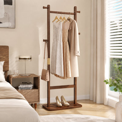 23.6"L x 11.81"W x 70.87"H Walnut‑Tone Freestanding Solid Wood Coat Rack, Eco‑Friendly Easy‑to‑Assemble Hanger Stand for Bedroom, Entryway & Living Room Storage