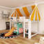 Lit mezzanine double à structure en bois avec auvent, lumières DEL et étagère à livres-300090720-300090721