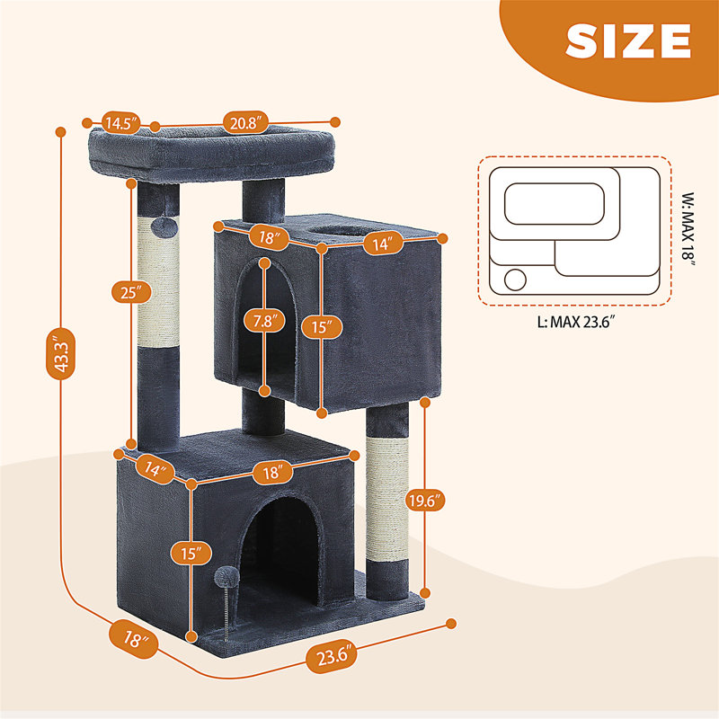 Arbre à chat XL 44 "pour grands chats 20 lb et plus, 2 condos spacieux avec grattoir épaissi de 3,4 po, grand perchoir supérieur, 2 jouets interactifs