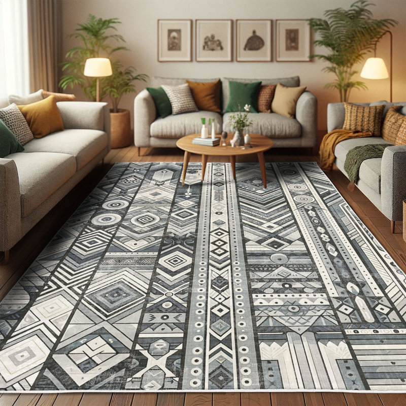 Dark Blue and White Tribal Stripe Synthetic Area Rug, 2'5" x 5'