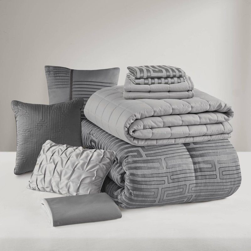 Ensemble de 10 édredons et courtepointe en jacquard de polyester, Édredon grand et 9 pièces supplémentaires, Gris