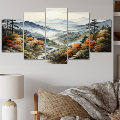 «Green Orange Mountains Mystic Range», art mural sur toile, 5 panneaux