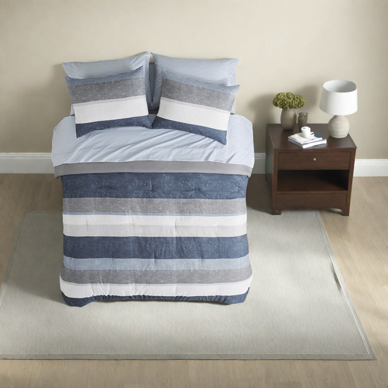 Ensembles de literie à rayures modernes en polyester, édredon gris-bleu pour la maison
