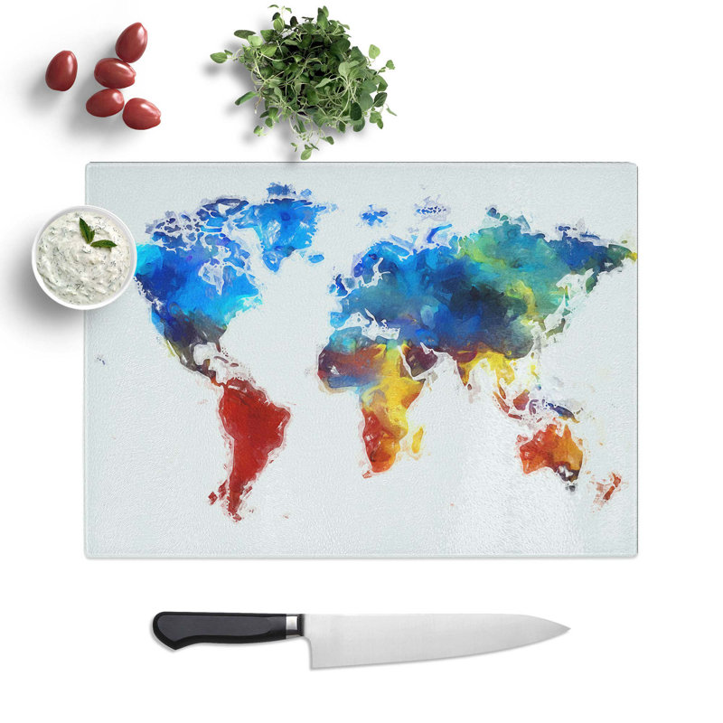 Tempered Glass Map of the World Chopping Board, 28.5 cm W x 20 cm L