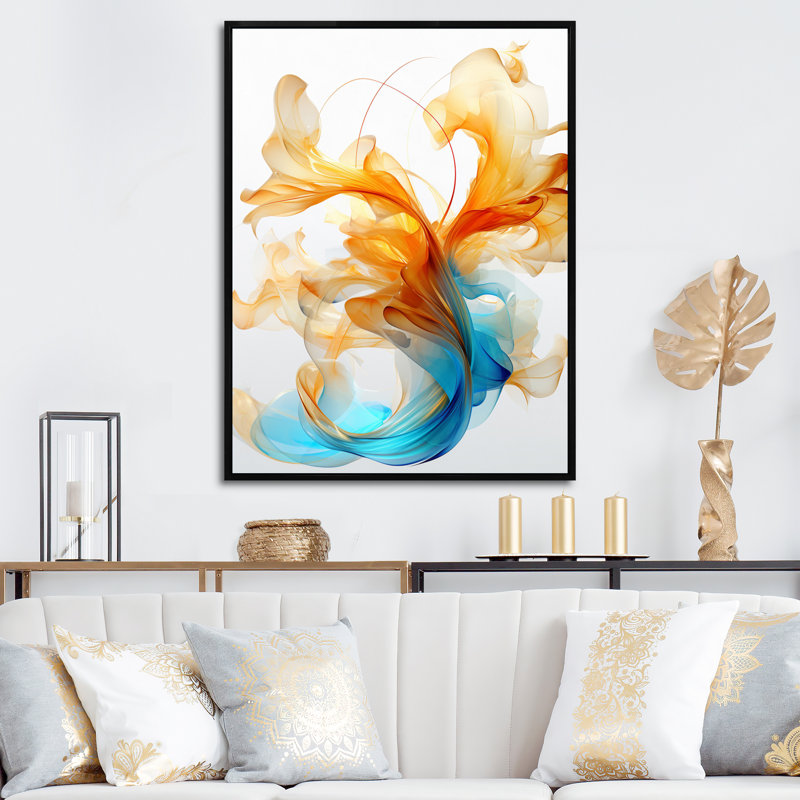 Art à l'encre liquide orange vif et turquoise - formes abstraites sur toile, H 40 po x l 30 po x P 1,5 po