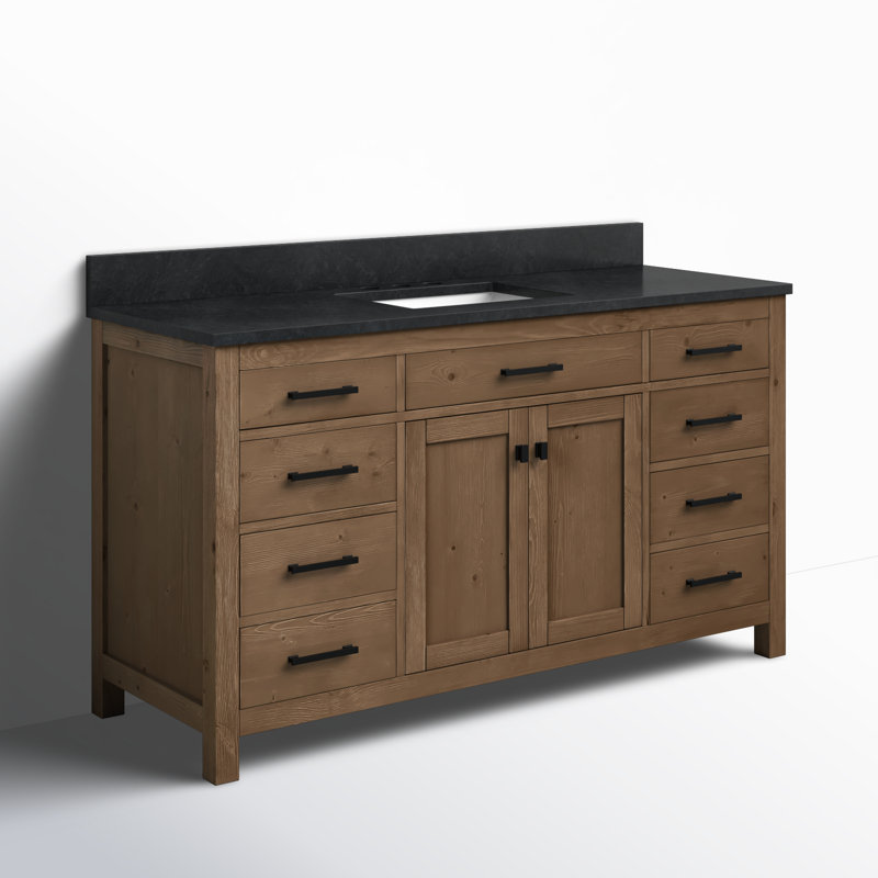 Meuble-lavabo simple 60 po Ajiya, Calcaire bleu, Naturel texturé / noir mat
