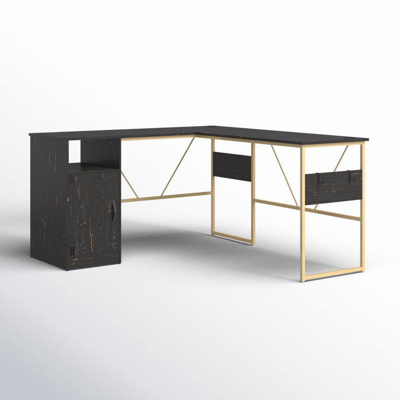 Fulcher 95.2'' W Reversible Manufactured Wood L-Shaped Desk with Cabinet, Black/Gold