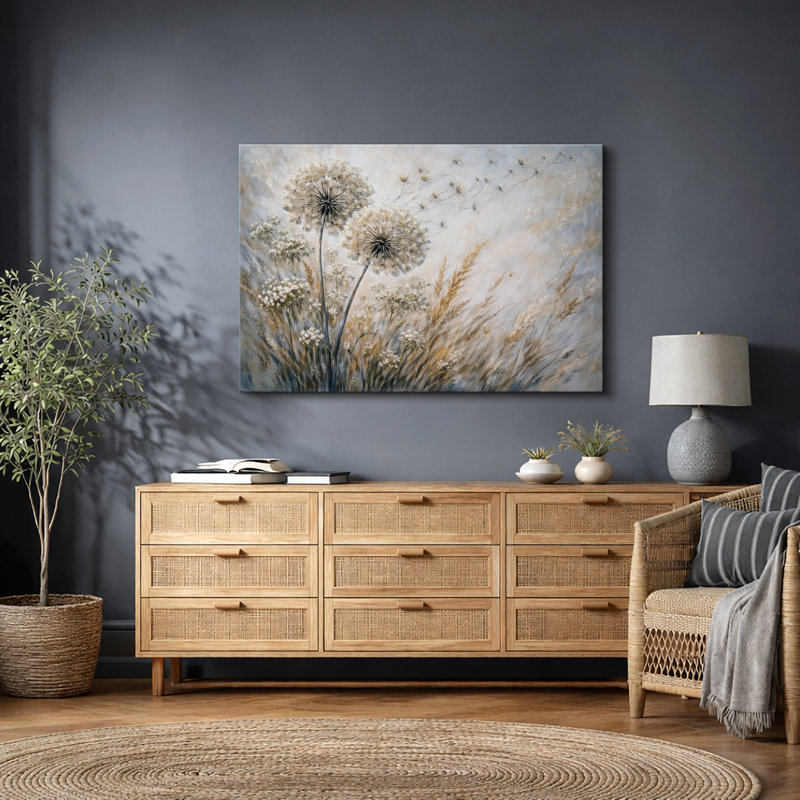 Œuvre botanique de fleurs de pissenlit, fleurs neutres de prairie neutre, impression sur toile encadrée, Toile tendue