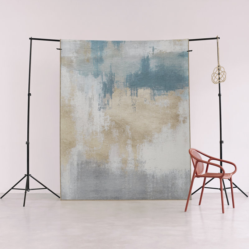 Tapis décoratif moderne à motif abstrait bleu et beige, Rectangle 3 pi 11 po x 5 pi 10 po