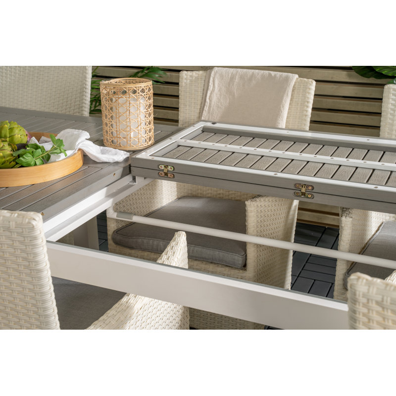 Jayesh 8 - Person Teak Patio Dining Set with Extendable Rectangular Table, White