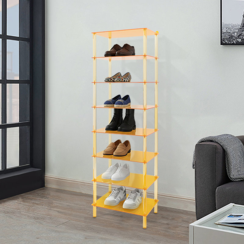 8 Tiers Tall Rectangular Acrylic Floorstanding Shoe Rack Shoe Storage Shelf For Entryway Orange Clear, Orange Clear