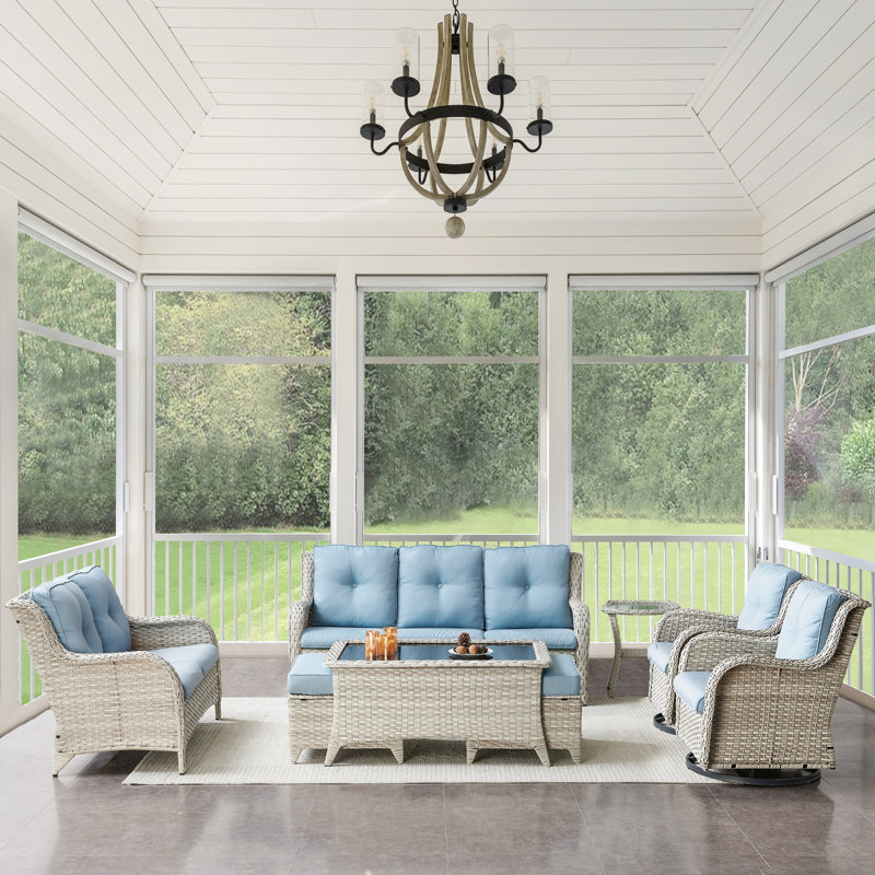 Tonry Wicker 5 - Person Patio Conversation Set with Cushions, Baby Blue