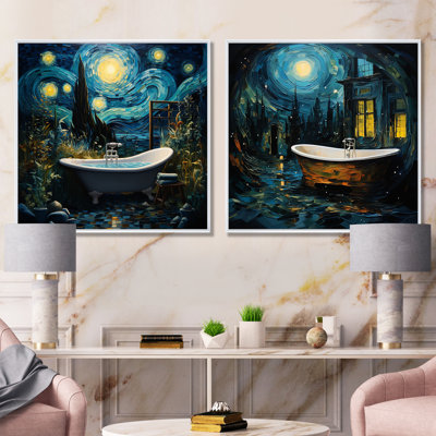 «Blue Starlight Bathroom I», ensemble de 2 impressions sur toile de salle de bain