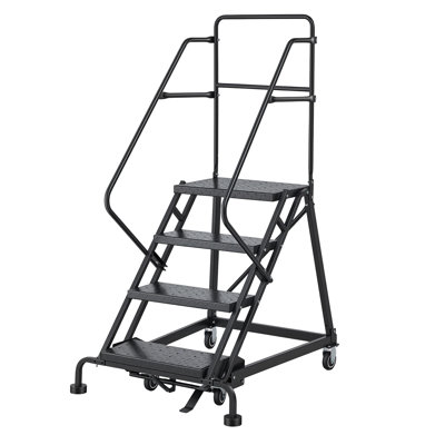 Échelle de rangement à 4 marches, escalier mobile en acier allié industriel, avec rampes, marches perforées antidérapantes et roues autobloquantes, échelle de plateforme robuste 450LBS pour bibliothèque de garage
