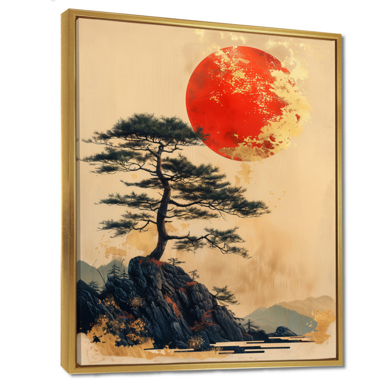 Bonsai doré or japonais, coucher de soleil II - Japon, art mural salon, Cadre flottant doré, H 24 po x l 32 po