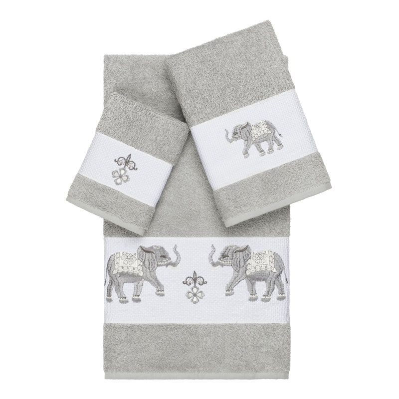 Quinn 100% Turkish Cotton Embellished 3 Piece Towel Set, Light Gray