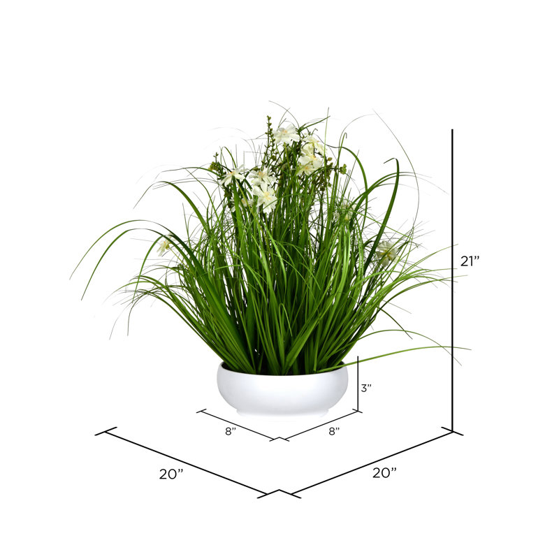 Cosmos artificiel en pot et herbe artificielle, H 21 po x l 20 po x P 20 po