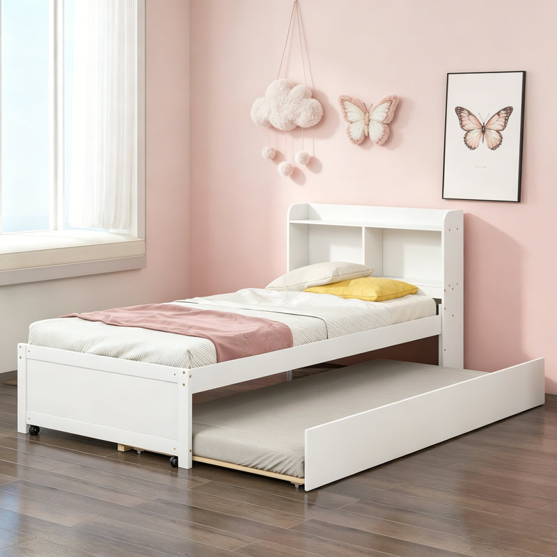 Lit simple avec lit gigogne et tête de lit bibliothèque, pour un rangement compact et élégant, White