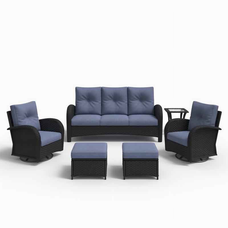 Layinsun 6 Pieces Outdoor Patio Furniture Set, Rattan Wicker Sectional Swivel Rocker Chairs Sets, Black, Navy