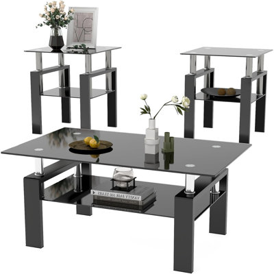 Ensemble de 3 tables basses pour salon, ensemble de 3 tables basses rectangulaires modernes en verre trempé (3)