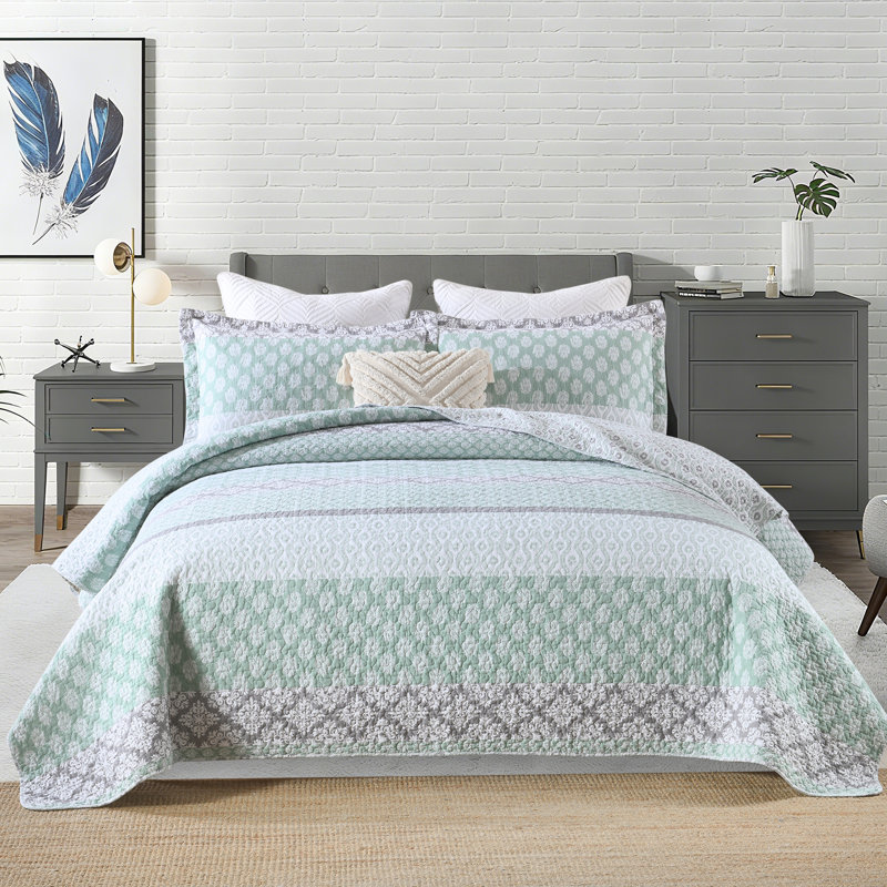 Ensemble de courtepointe 100% coton 98 po x 90 po DDUOXIN - 1 courtepointe avec 2 taies décoratives, Grand lit, Vert / Gris