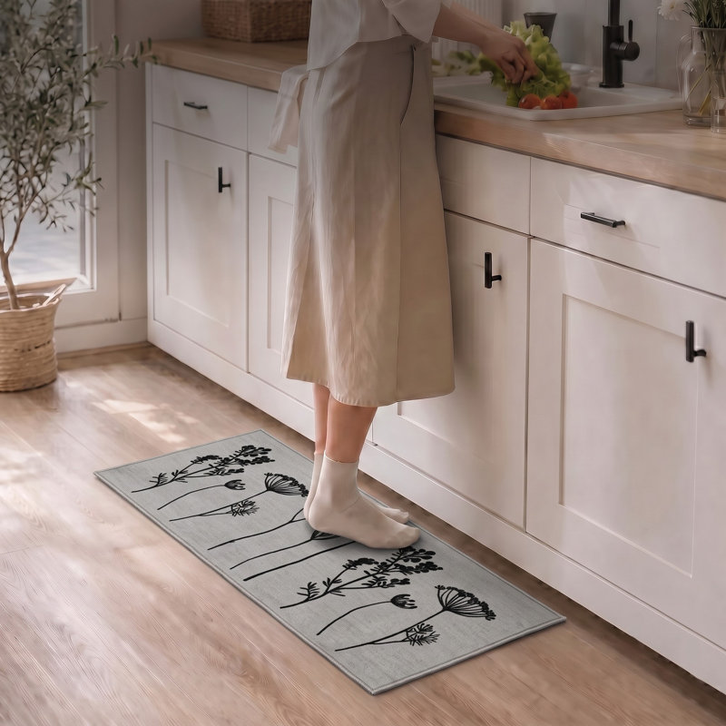 Wildflowers Long Runner Kitchen Mat, Gray/Black
