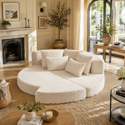 Canapé-lit semi-circulaire 78,5 pouces en velours côtelé 2-en-1 78 pouces, fauteuil inclinable design avec coussin pour le cou et cinq coussins décoratifs dans le salon