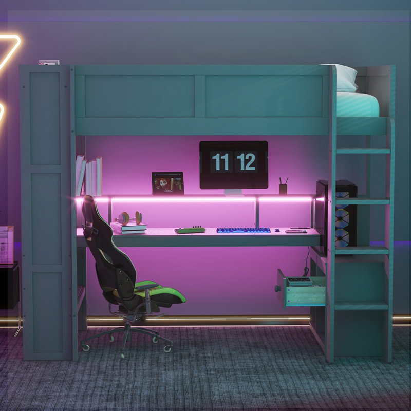 Gaming Loft Bed with Desk and Charging Station, Twin