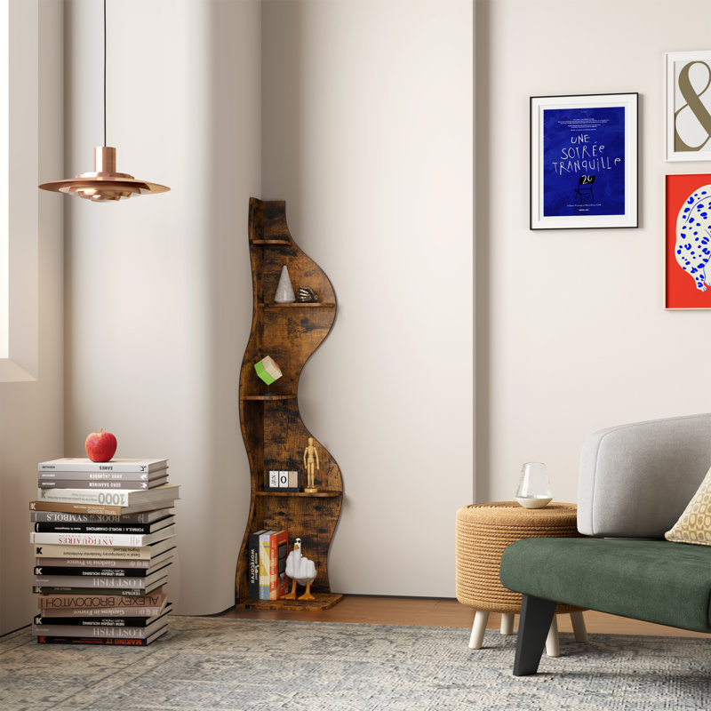 Bibliothèque d'angle, étagère murale moderne à 5 niveaux avec petit support de rangement ondulé pour petit espace, Rustic