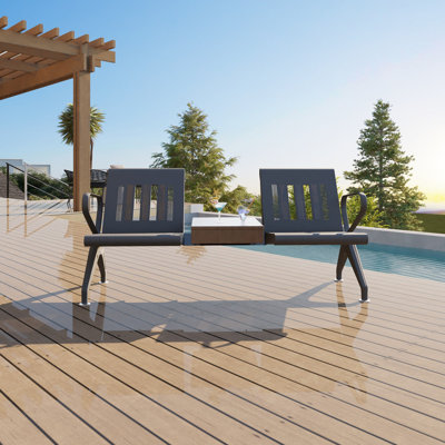 Outdoor Double Patio Bench with Built‑in Middle Side Table, Metal 2‑Person Seating Chair for Backyard Deck Poolside, Weather‑Resistant Outdoor Conversation Bench