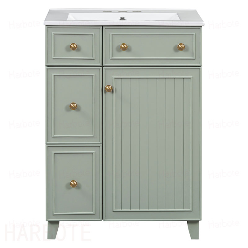 Meuble-lavabo de salle de bain avec lavabo en céramique, 2 tiroirs, 1 porte, Light Green